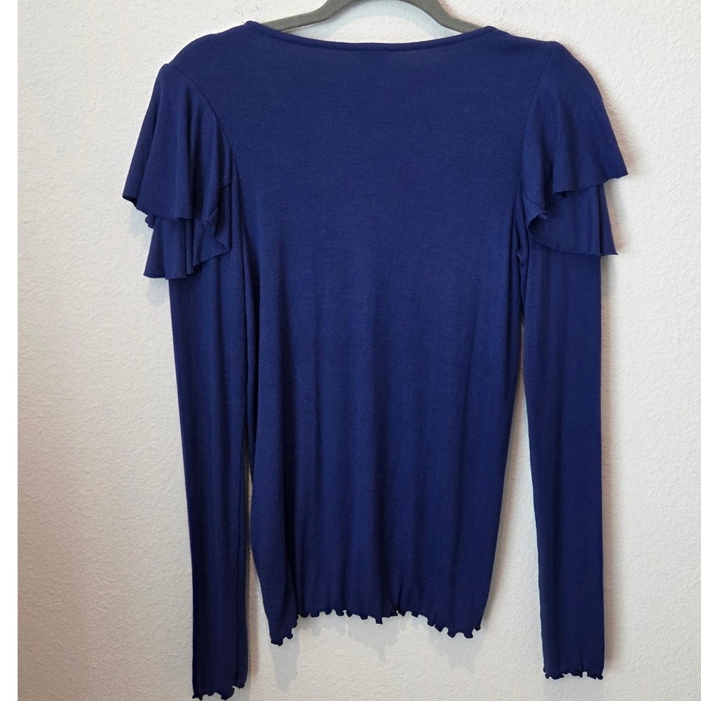 We The Free People Ruffle Long Sleeve V Neck Top Ribbed Knit Blue Medium M - Picture 10 of 12